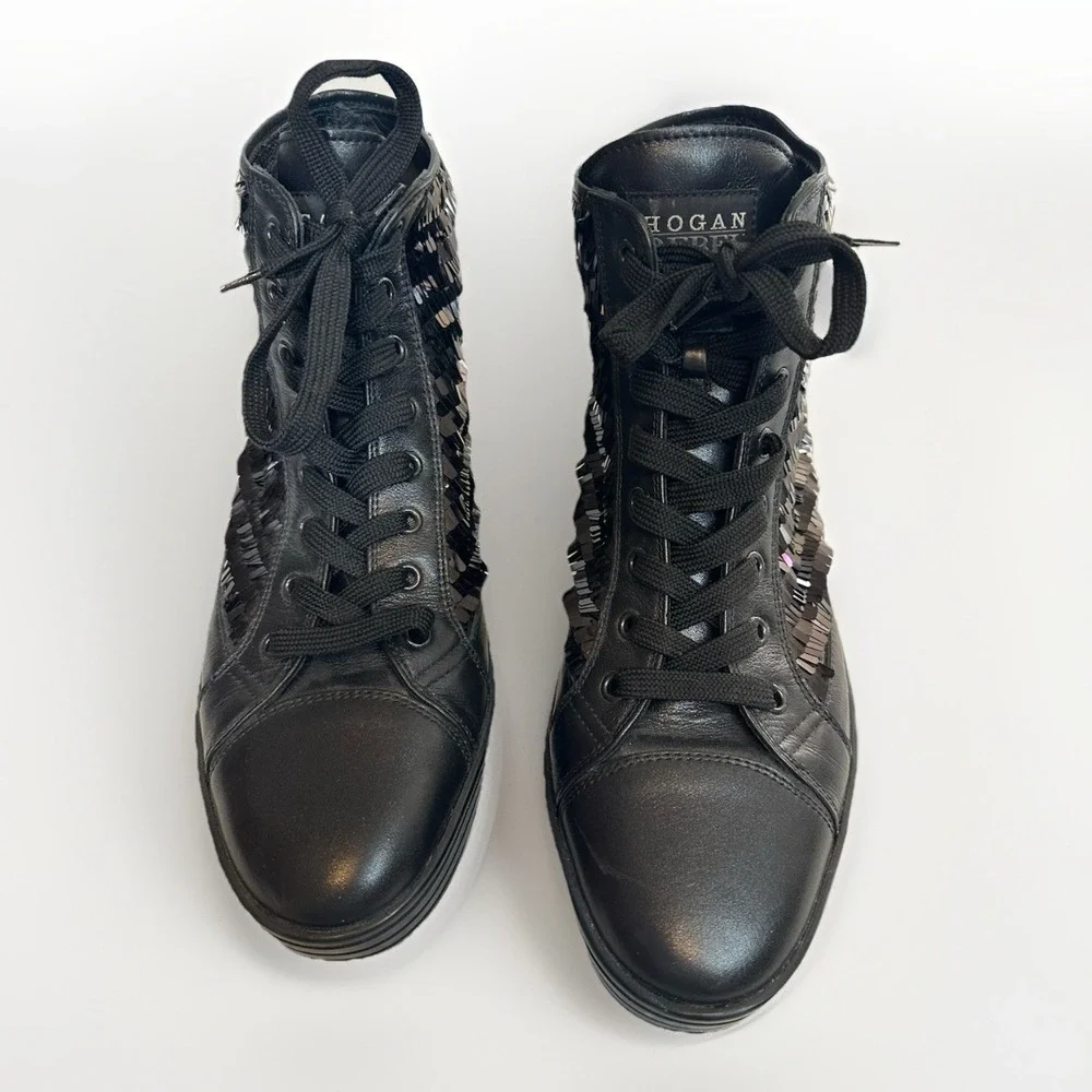 Hogan Rebel Black Metallic Sequin High‎ Top Leather Sneakers Ws Sz 41 US 10.5
